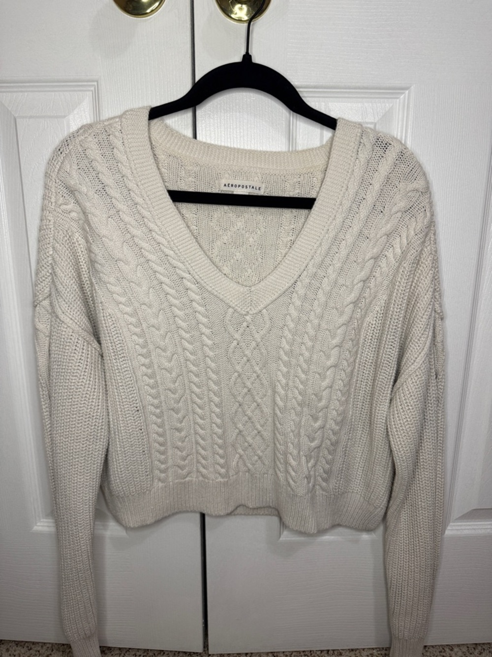 Aeropostale Off-White Cable Knit V-Neck Sweater
